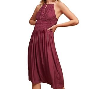 Anthropologie Moulinette Soeurs Burgundy Halter Smocked Midi Dress Size 12